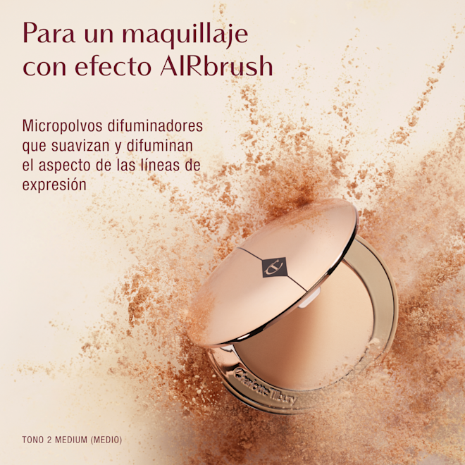 Airbrush Flawless Setting Powder Texture Infographic Charlotte Tilbury Airbrush Flawless Setting Powder compact with burst of powder particles, promoting soft-focus micro powders that smooth and blur fine lines, featuring shade 2 medium.