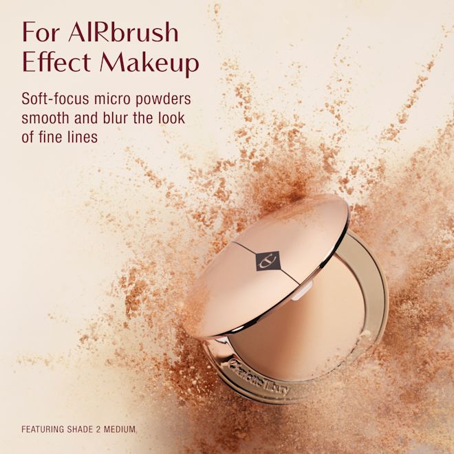 Airbrush Flawless Setting Powder Texture Infographic Charlotte Tilbury Airbrush Flawless Setting Powder compact with burst of powder particles, promoting soft-focus micro powders that smooth and blur fine lines, featuring shade 2 medium.