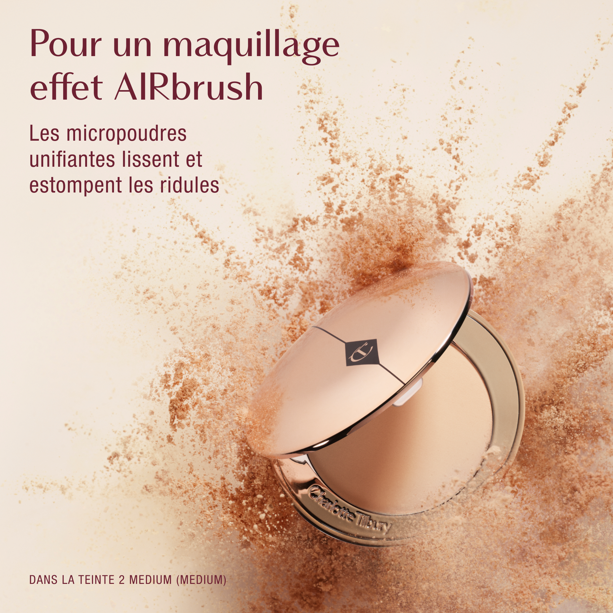 Charlotte Tilbury Airbrush Flawless Setting Powder compact with burst of powder particles, promoting soft-focus micro powders that smooth and blur fine lines, featuring shade 2 medium.