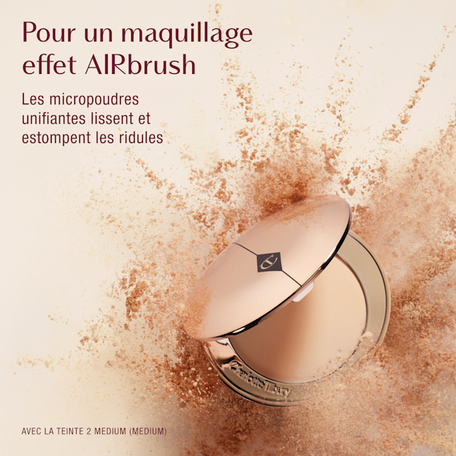 Airbrush Flawless Setting Powder Texture Infographic Charlotte Tilbury Airbrush Flawless Setting Powder compact with burst of powder particles, promoting soft-focus micro powders that smooth and blur fine lines, featuring shade 2 medium.