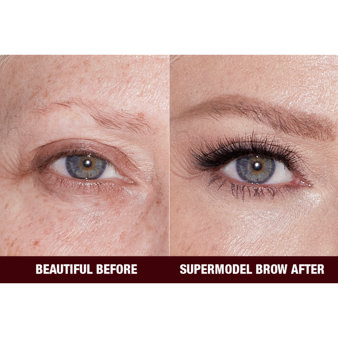 Close-up before and after of a fair-tone model with grey eyes and mature skin with bare brows on one side and thick, filled, and lined eyebrows on the other side after applying a taupe-coloured eyebrow pencil.