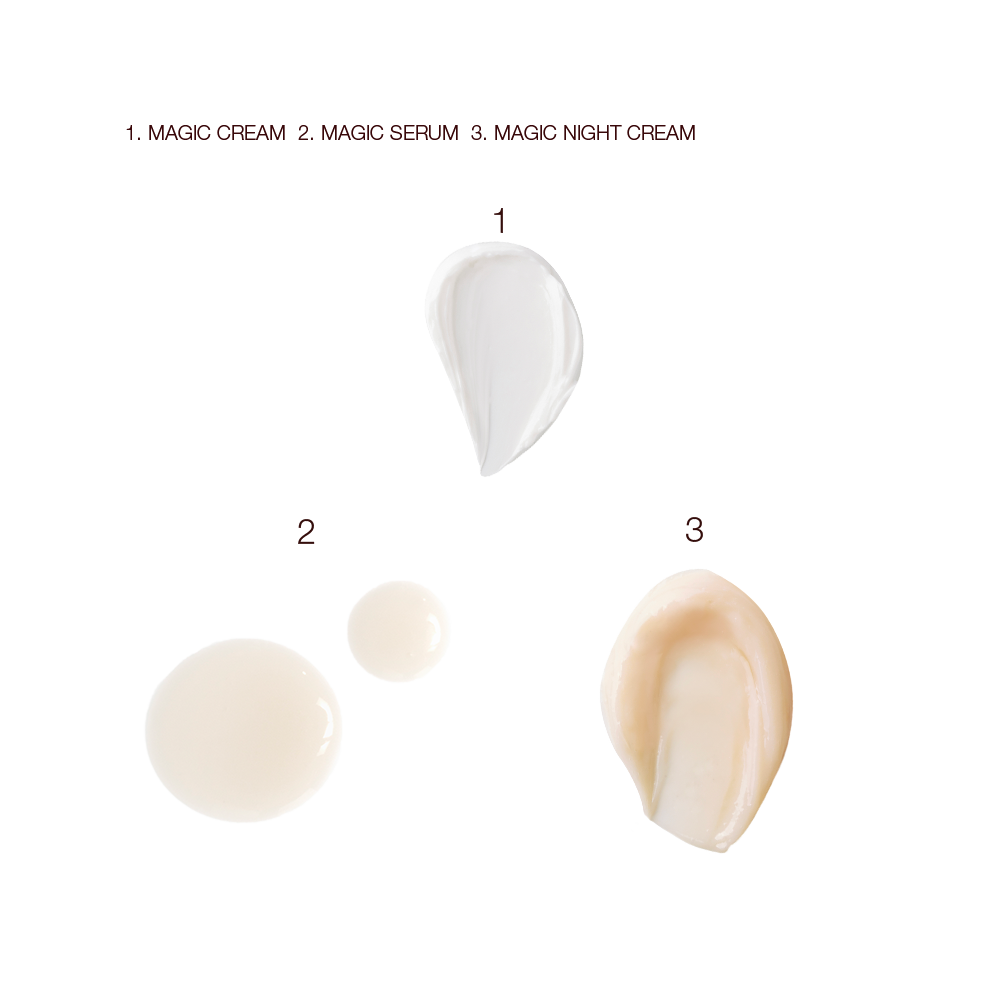 Swatches of a pearly-white face cream, beige-coloured thick night cream, and luminous ivory-coloured serum drops.