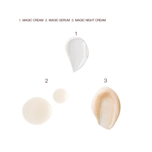 Swatches of a pearly-white face cream, beige-coloured thick night cream, and luminous ivory-coloured serum drops.