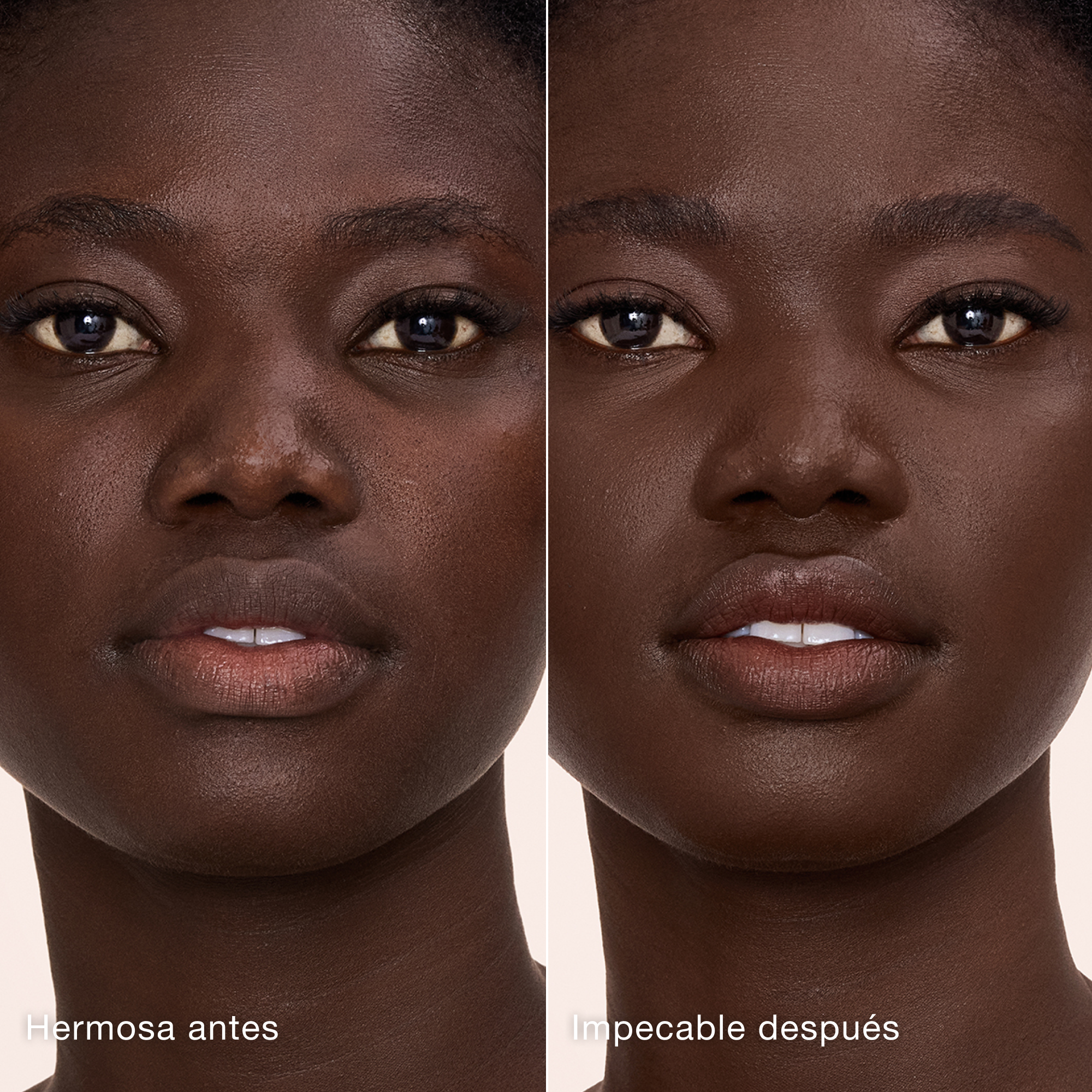 Comparaison côte à côte de la peau avant et après l'application de l'Airbrush Flawless Concealer de Charlotte Tilbury, avec les étiquettes de texte « Magnifique avant » et « Zéro défaut après ».