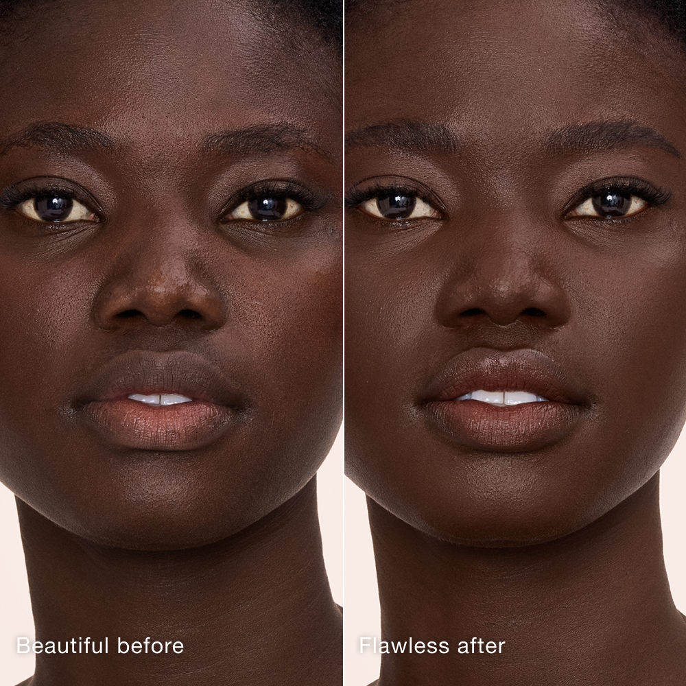 Side-by-side comparison showing skin before and after applying Charlotte Tilbury Airbrush Flawless Concealer, with text labels 'Beautiful before' and 'Flawless after'.