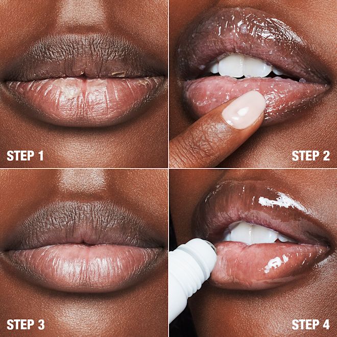 Charlotte's Magic Lip Scrub routine on deep-tone lips close-up Lips close-up of a deep-tone model doing her lips routine that includes applying a lip scrub on freshly cleansed lips, wiping it off, and then applying lip oil on the lips.