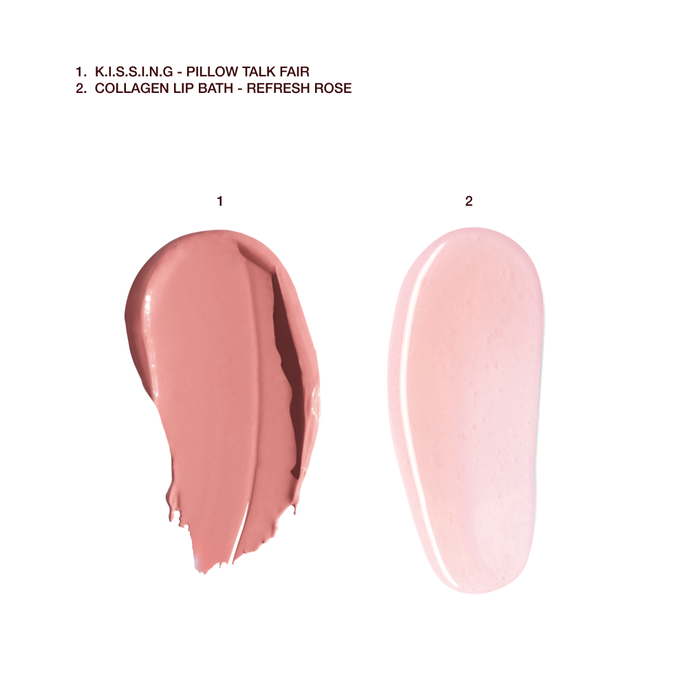 PILLOW TALK FAIR K.I.S.S.I.N.G LIPSTICK AND REFRESH ROSE COLLAGEN LIP BATH TEXTURE SWATCHES 