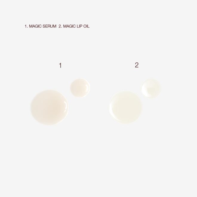 Lip Oil and Crystal Elixir Serum swatche Swatches of a cream-coloured facial serum and an ivory-coloured lip oil.