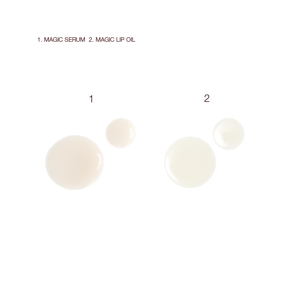 Swatches of a beige-coloured glowy lip lip and ivory-coloured, luminous facial serum.