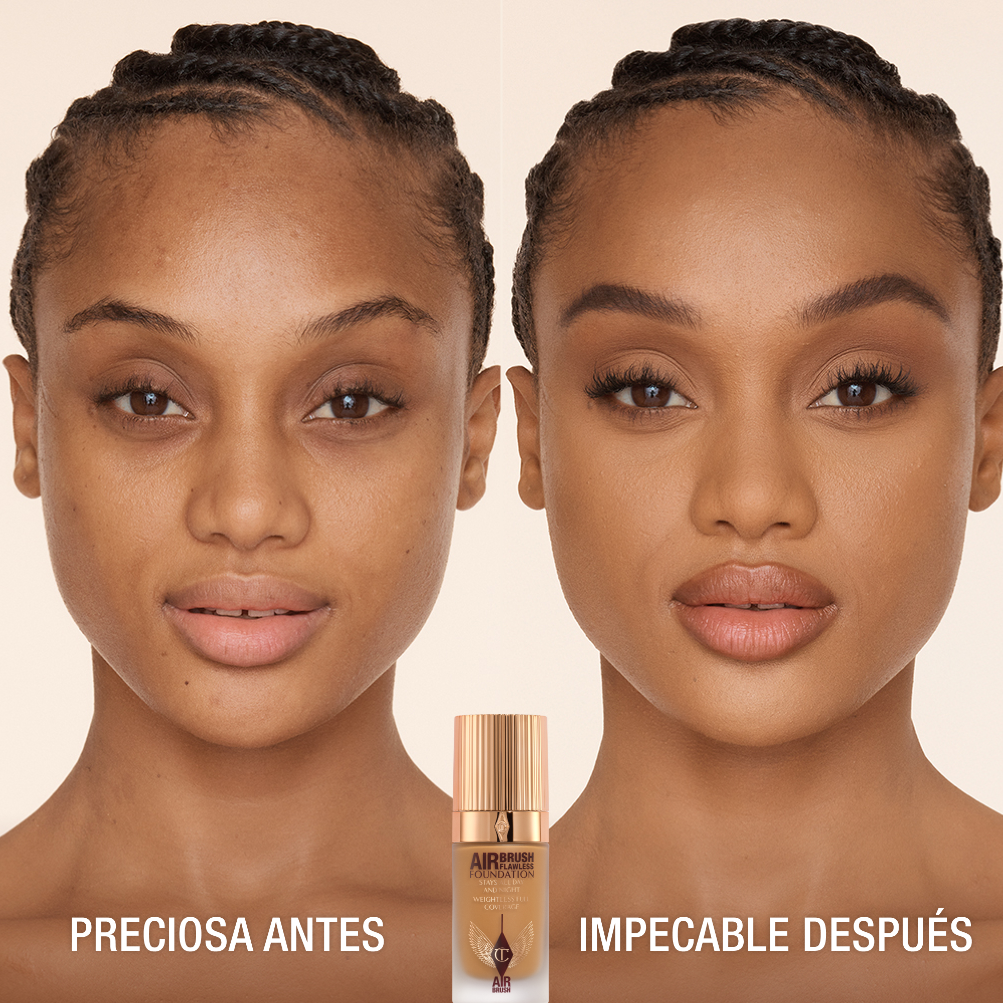 Antes y después de usar Airbrush Flawless Foundation 10 Warm