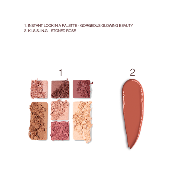 Instant Look in a Kit swatches Swatches of a face palette with three eyeshadows in rose gold, dark brown, and redwood, bronzer in light brown, highlighted in banana yellow, and blushes in light pink and dark pink, and swatch of a satin-finish lipstick in dark terracotta.