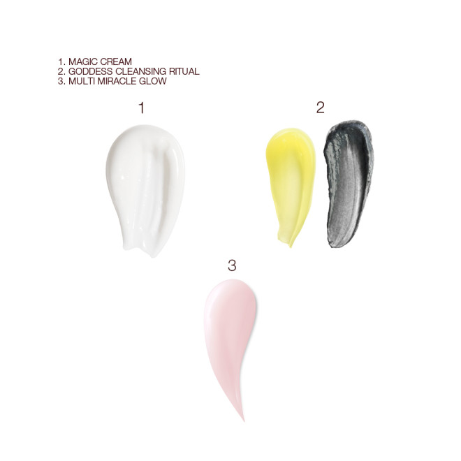 Swatches of a pearly-white face cream, duo facial cleansers in lemon-yellow and black colours, and a pink-coloured three-in-one cleansing balm.