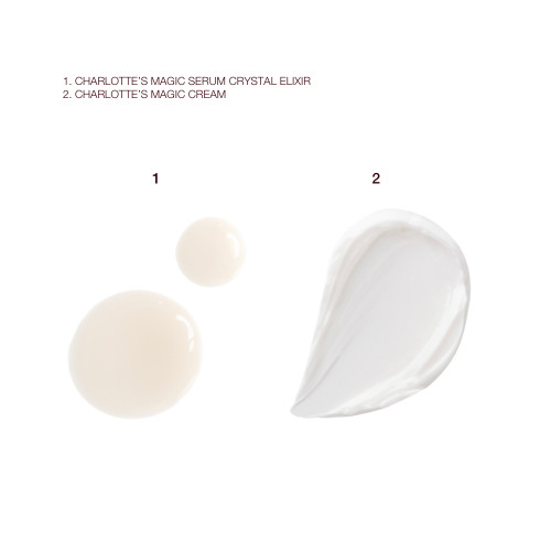 Swatches of a watery, beige-white luminous serum and a pearly-white face cream.