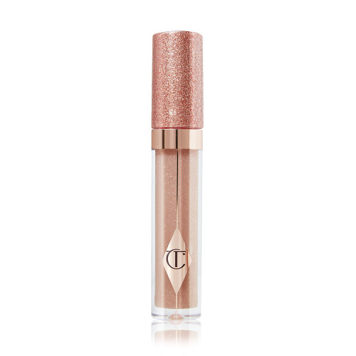 A shimmery lip gloss in a rosy champagne shade with fine glitter with a glittery lid. 