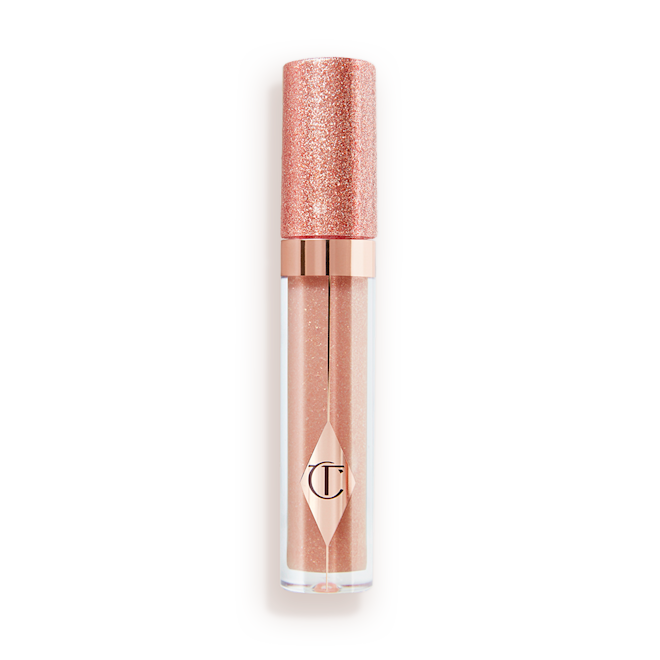 Jewel Lips in Champagne Diamonds closed A shimmery lip gloss in a rosy champagne shade with fine glitter with a glittery lid.