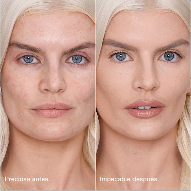 Antes y después de usar Airbrush Flawless Concealer en el tono 4 Fair Comparación paralela que muestra la piel antes y después de aplicar el corrector Charlotte Tilbury Airbrush Flawless Concealer con las etiquetas de texto «Preciosa antes» y «Perfecta después».