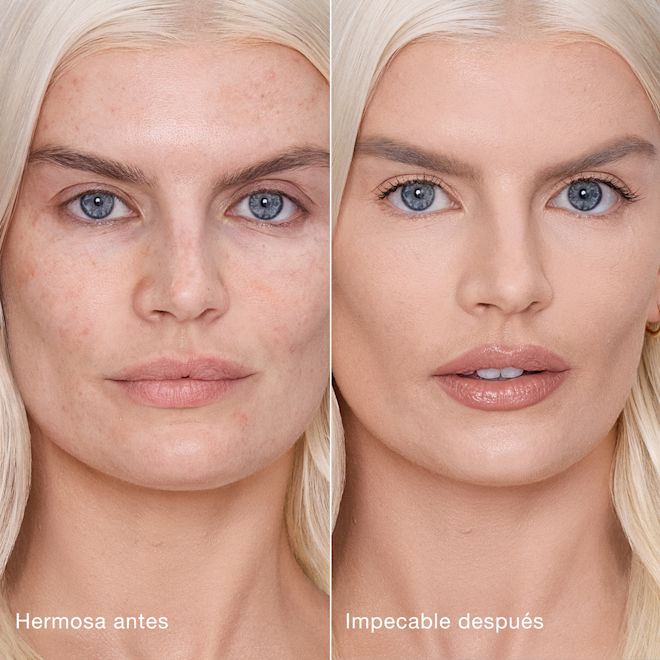 Antes y después de usar Airbrush Flawless Concealer en el tono 4 Fair Comparación paralela que muestra la piel antes y después de aplicar el corrector Charlotte Tilbury Airbrush Flawless Concealer con las etiquetas de texto "Preciosa antes", "Impecable después".