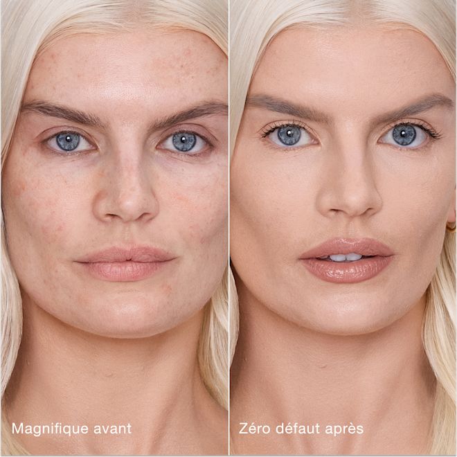 Avant/après avec Airbrush Flawless Concealer - 4 Fair (Clair) Comparaison côte à côte de la peau avant et après l'application de l'Airbrush Flawless Concealer de Charlotte Tilbury, avec les étiquettes de texte « Magnifique avant » et « Zéro défaut après ».