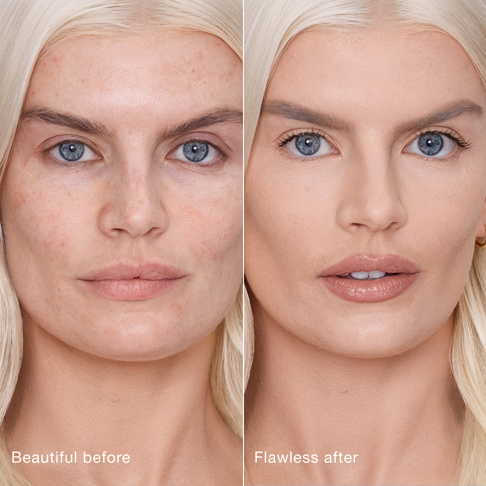 Side-by-side comparison showing skin before and after applying Charlotte Tilbury Airbrush Flawless Concealer, with text labels 'Beautiful before' and 'Flawless after'.