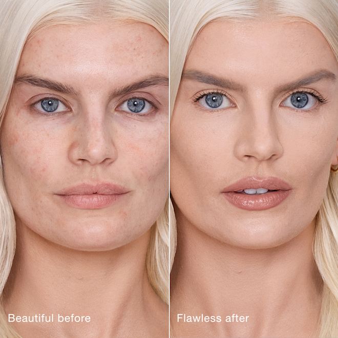 Airbrush Flawless Concealer - 4 fair before and after Side-by-side comparison showing skin before and after applying Charlotte Tilbury Airbrush Flawless Concealer, with text labels 'Beautiful before' and 'Flawless after'.