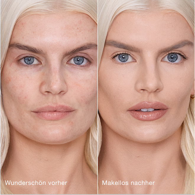 Airbrush Flawless Concealer − 4 Fair, vorher und nachher Ein direkter Vergleich zeigt die Haut vor und nach dem Auftragen des Charlotte Tilbury Airbrush Flawless Concealers mit den Beschriftungen „Wunderschön vorher“ und „Makellos nachher“.