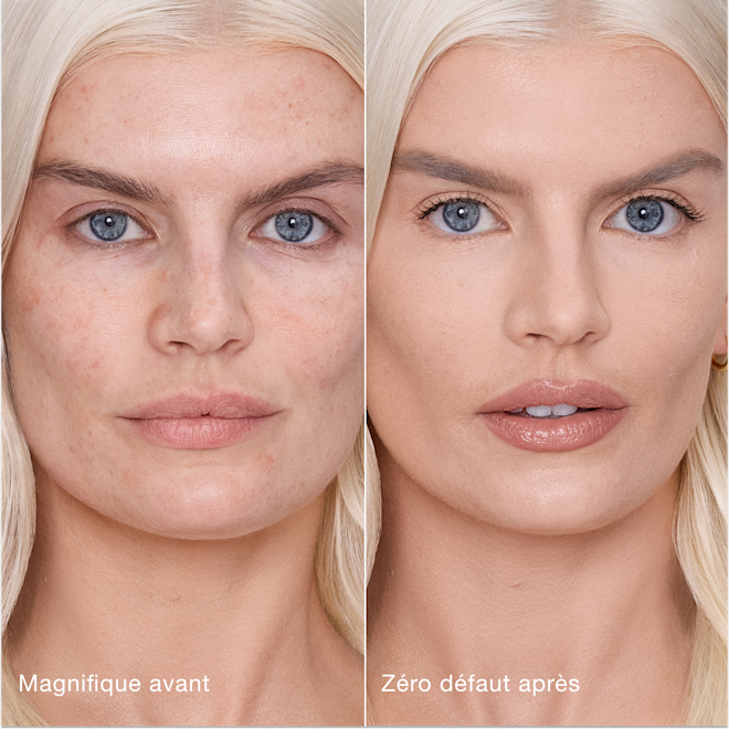 Avant/après avec Airbrush Flawless Concealer - 4 Fair (Clair) Comparaison côte à côte montrant la peau avant et après l'application de l'Airbrush Flawless Concealer de Charlotte Tilbury, avec les étiquettes de texte « Magnifique avant » et « Zéro défaut après ».