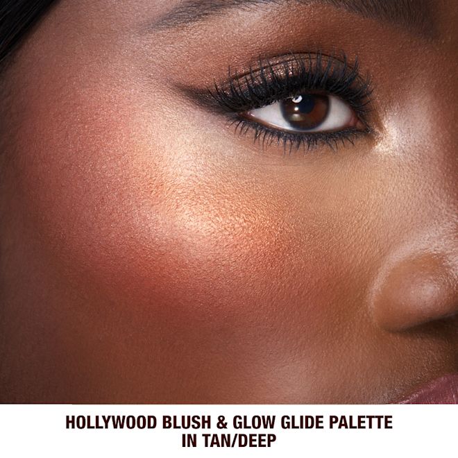 Hollywood Blush & Glow Glide Palette - Tan-Deep on deep skin tone model Hollywood Blush & Glow Glide Palette - Tan-Deep on deep skin tone model