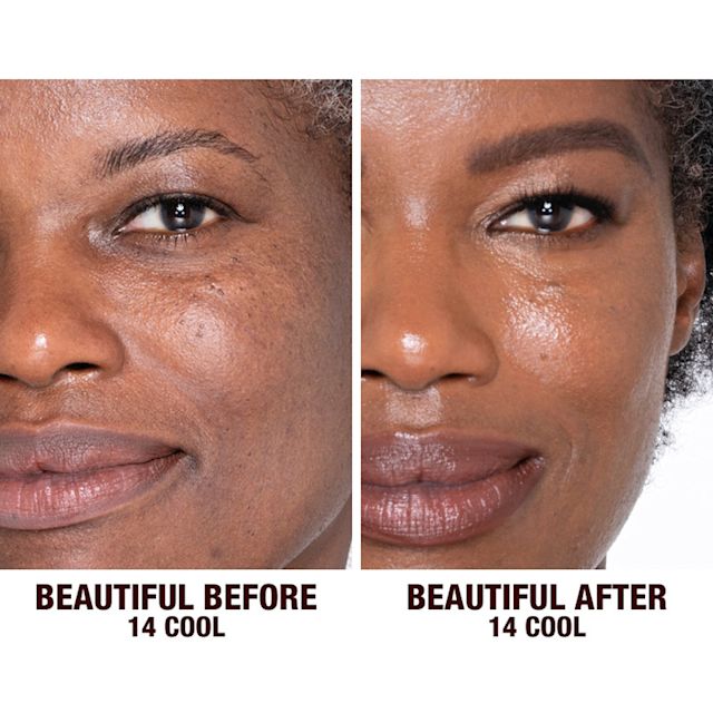 Before and after of mature model applying Beautiful Skin Foundation for mature skin