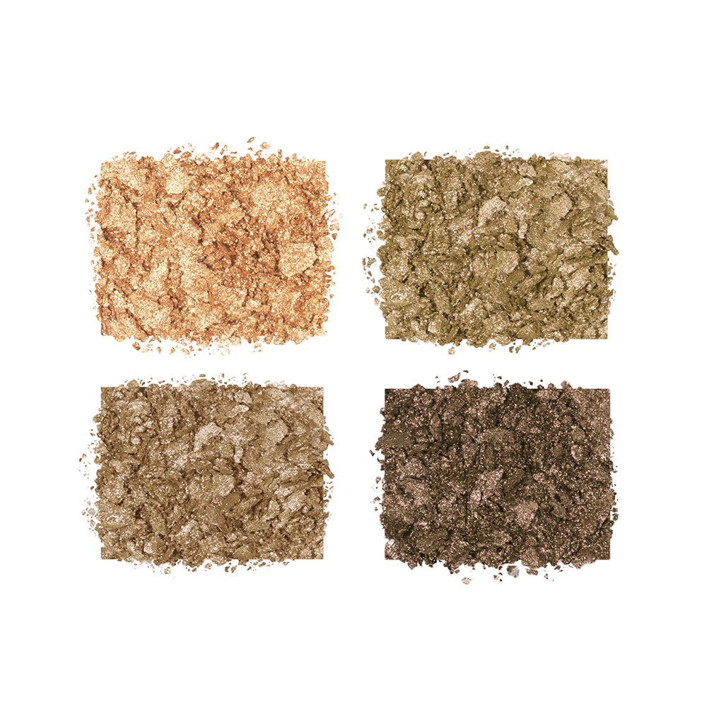 Four eyeshadows in shades of green, golden, and khaki, outside of their packaging, and crushed up. 