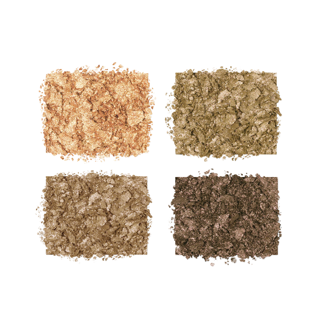 Four eyeshadows in shades of green, golden, and khaki, outside of their packaging, and crushed up. 