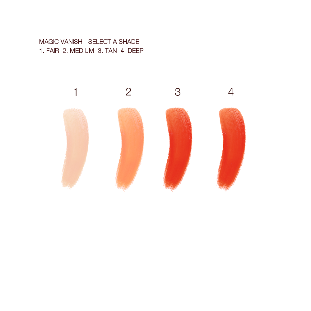 Swatches of four colour correctors in light peach, medium-peach, orange, and burnt orange colours. 