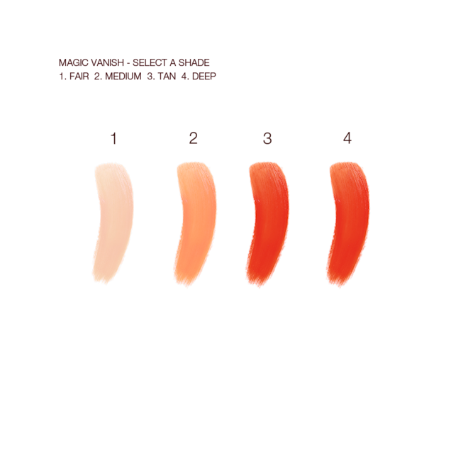 Magic Vanish swatches Swatches of four colour correctors in light peach, medium-peach, orange, and burnt orange colours.