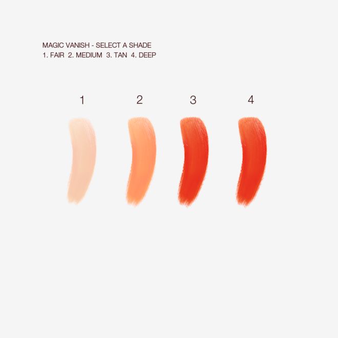Magic Vanish swatches Swatches of four colour correctors in light peach, medium-peach, orange, and burnt orange colours.