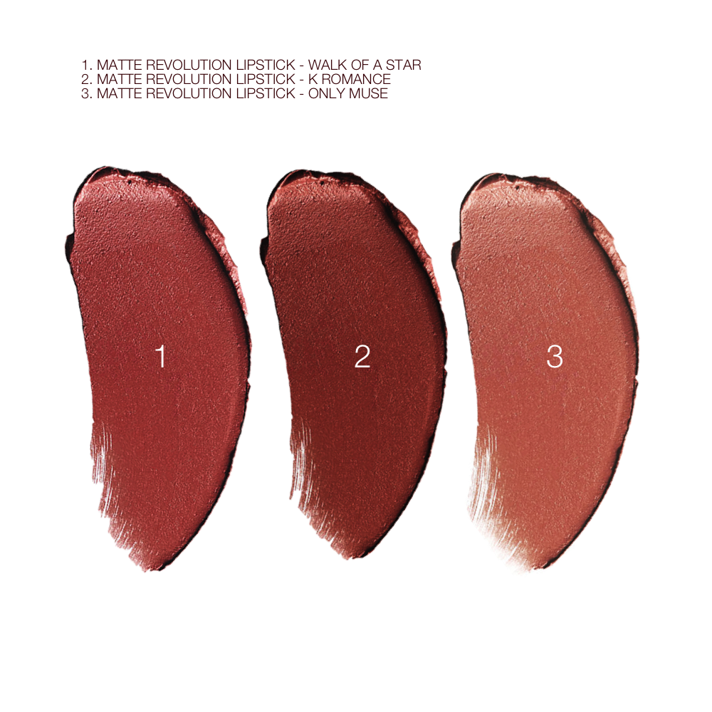 Swatches of three lipsticks in a peach-terracotta, cherry red, and brownish rose.