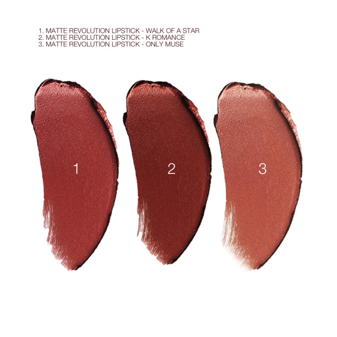 Swatches of three lipsticks in a peach-terracotta, cherry red, and brownish rose.