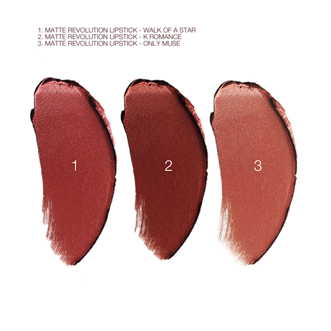Lunar New Year Lipstick swatches Swatches of three lipsticks in a peach-terracotta, cherry red, and brownish rose.