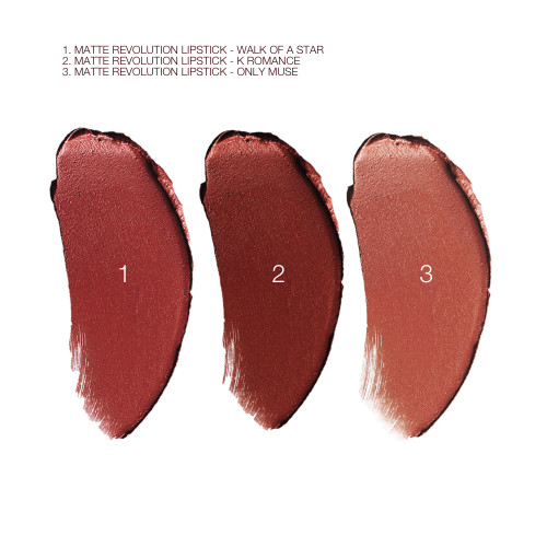 Swatches of three lipsticks in a peach-terracotta, cherry red, and brownish rose.