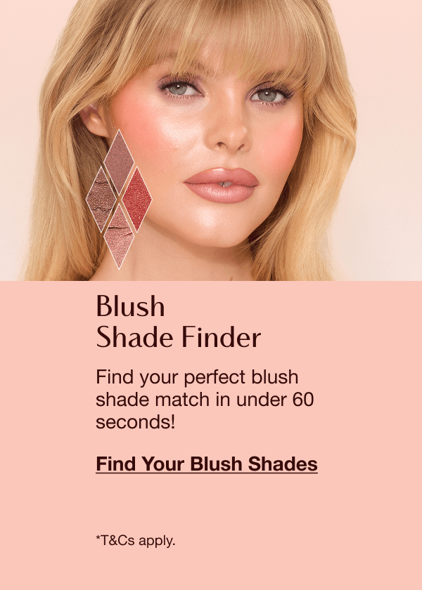 Blush Shade Finder featuring a close-up of a person’s face with blush makeup and blush swatches, with text inviting users to find their perfect blush shade in under 60 seconds.