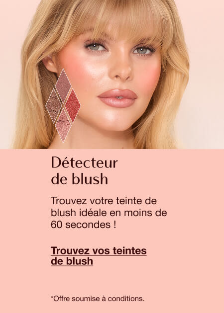 Blush Shade Finder featuring a close-up of a person’s face with blush makeup and blush swatches, with text inviting users to find their perfect blush shade in under 60 seconds.