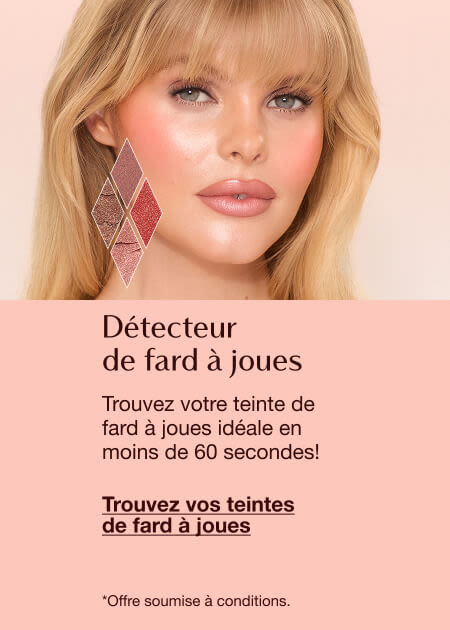 Blush Shade Finder featuring a close-up of a person’s face with blush makeup and blush swatches, with text inviting users to find their perfect blush shade in under 60 seconds.