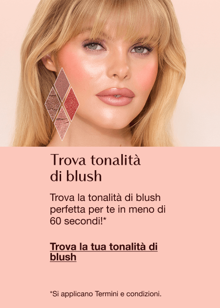 Blush Shade Finder featuring a close-up of a person’s face with blush makeup and blush swatches, with text inviting users to find their perfect blush shade in under 60 seconds.