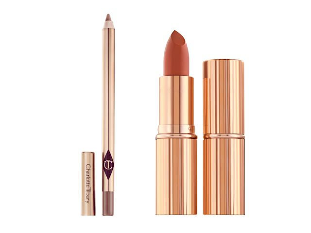 An open lip liner pencil in a bronze-brown shade with two lipsticks, with and without lids, in a dark peach colour. 