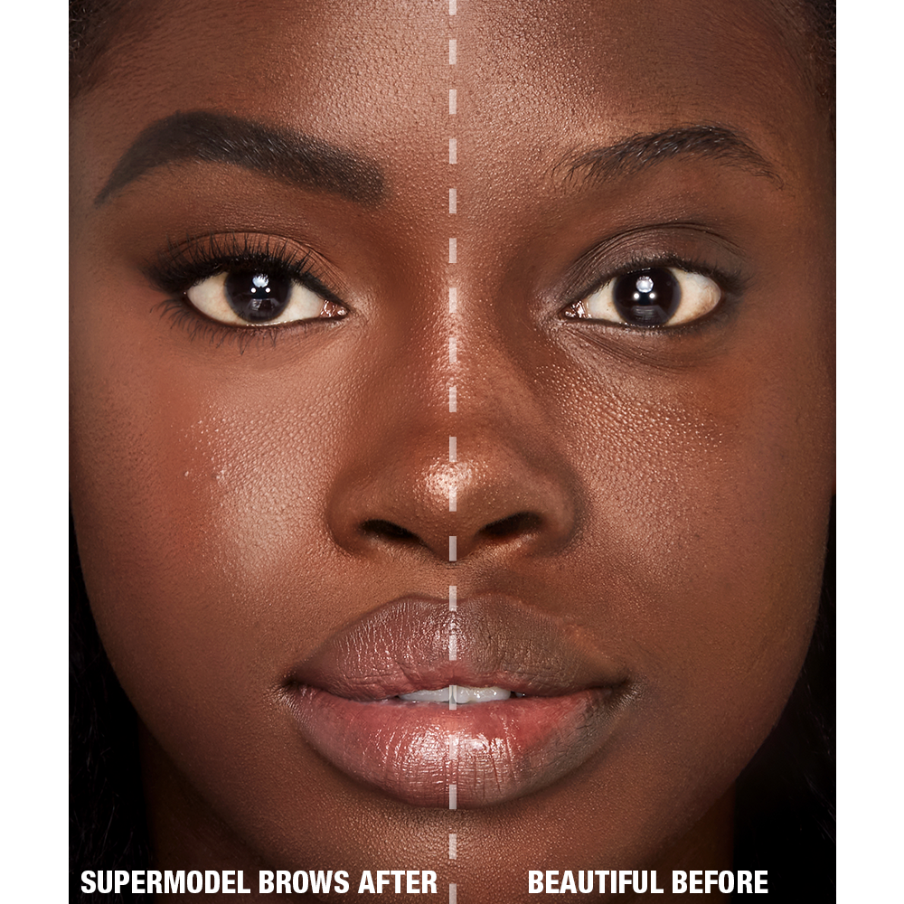 Close-up before and after of a deep-tone model with brown eyes not wearing any makeup in the before photo and her brows lined and filled with a black-coloured eyebrow pencil, wearing smokey brown eyeshadow, black eyeliner, and nude pink lipstick in the after shot.