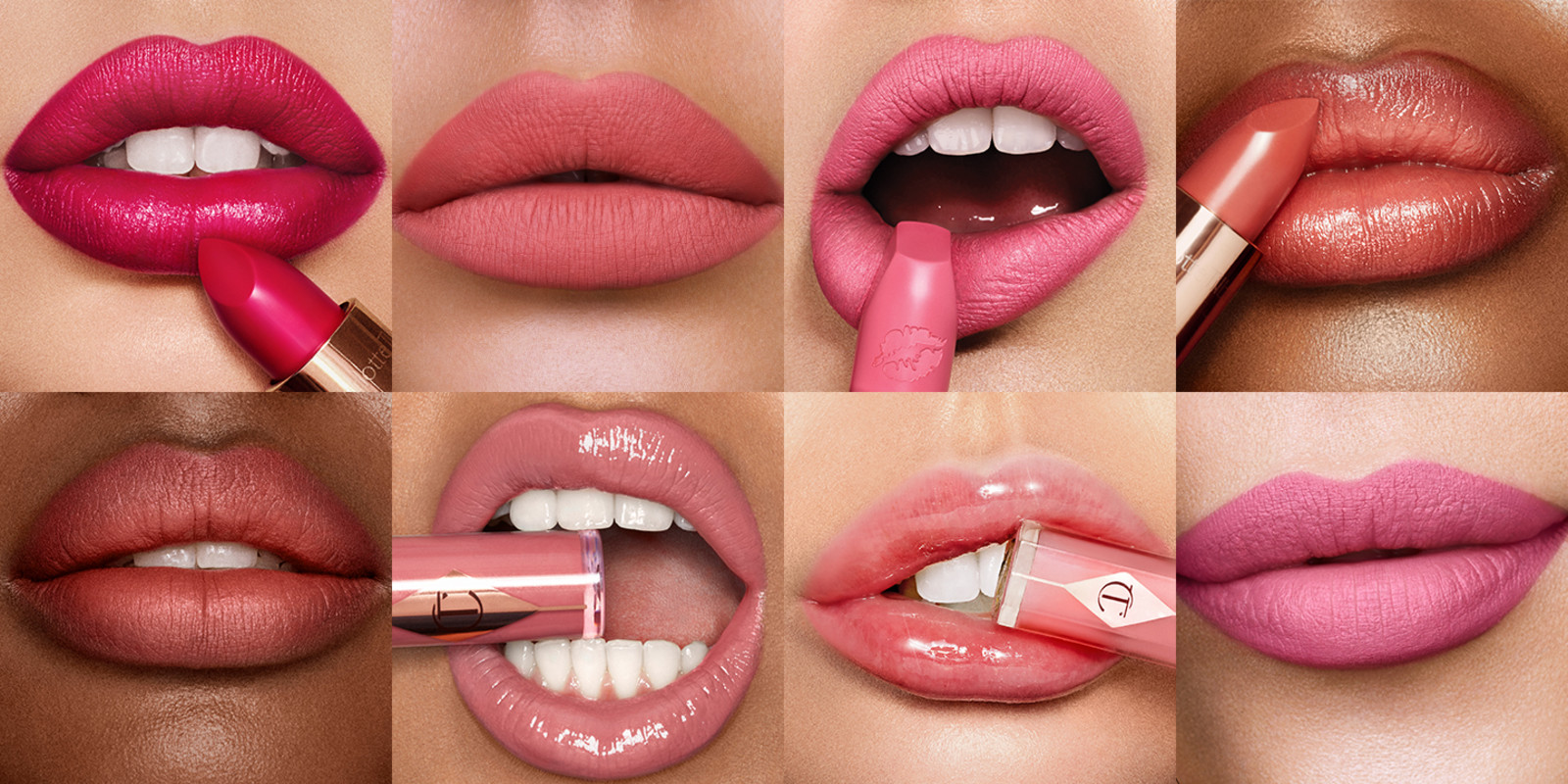 Collage of 8 models of different skin tones wearing different pink lipstick shades by Charlotte Tilbury.