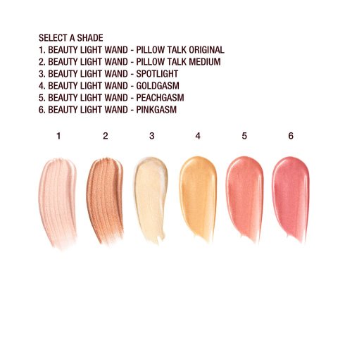 Swatches of six liquid highlighters and liquid highlighter blushes in medium-pink, honey gold, pale pink, rose gold, candlelight-gold, and bronze-gold. 