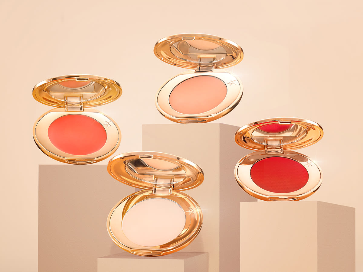 Open, mirrored-lid, under-eye brightening colour corrector compacts for fair, light, medium, and deep skin tones. 
