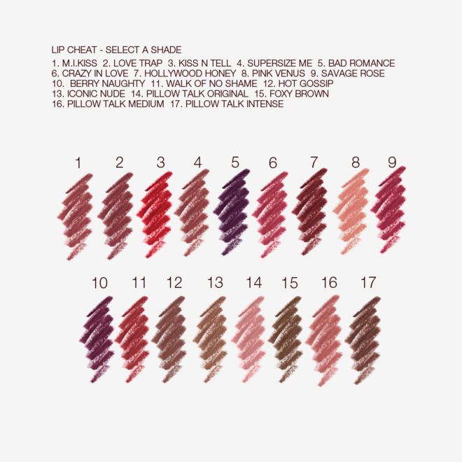 Lip Cheat full collection swatches Swatches of seventeen lip liner pencils in shades of brown, purple, pink, peach, red, taupe, and brown.
