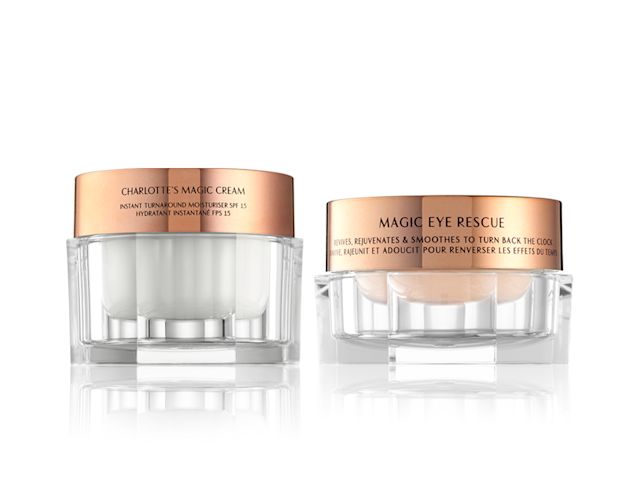 A pearly-white face cream in a large, glass jar with a  champagne-coloured eye cream in a petite glass jar, both with rose-gold metallic lids. 
