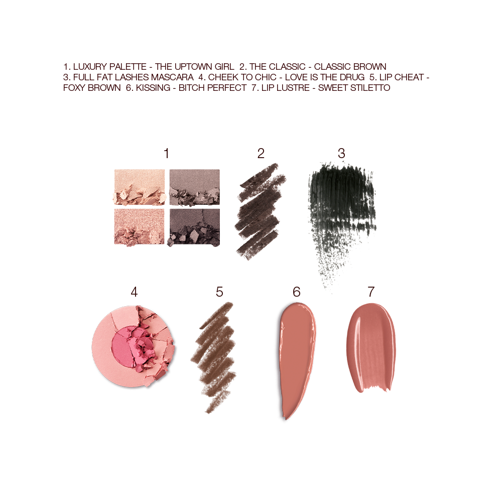 Swatches of a quad eyeshadow palette in shades of silver, grey, and gold, black eyeliner, black mascara, two-tone blush in bright pink and rose gold, lip liner in taupe-brown, lipstick in medium brown, and lip gloss in nude pink. 