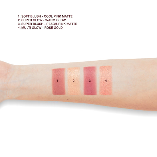Fair-tone arm with swatches of eyeshadow, two highlighters, and blush in shades of muted pink, candlelight gold, rose gold, and bright pink.